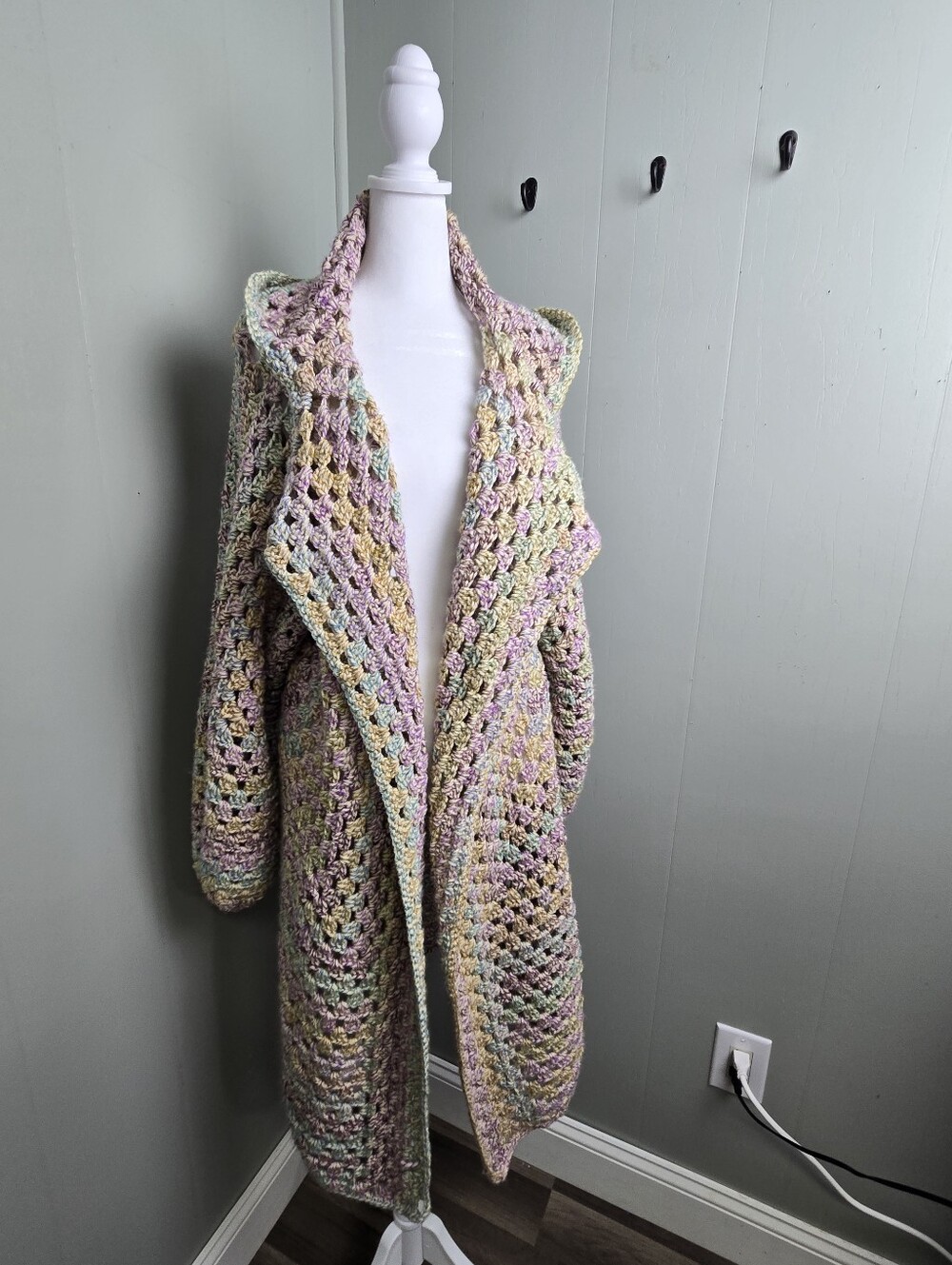 Handmade Cardigan Sweater Womens One Size Multicolor Hooded Open Front Crochet